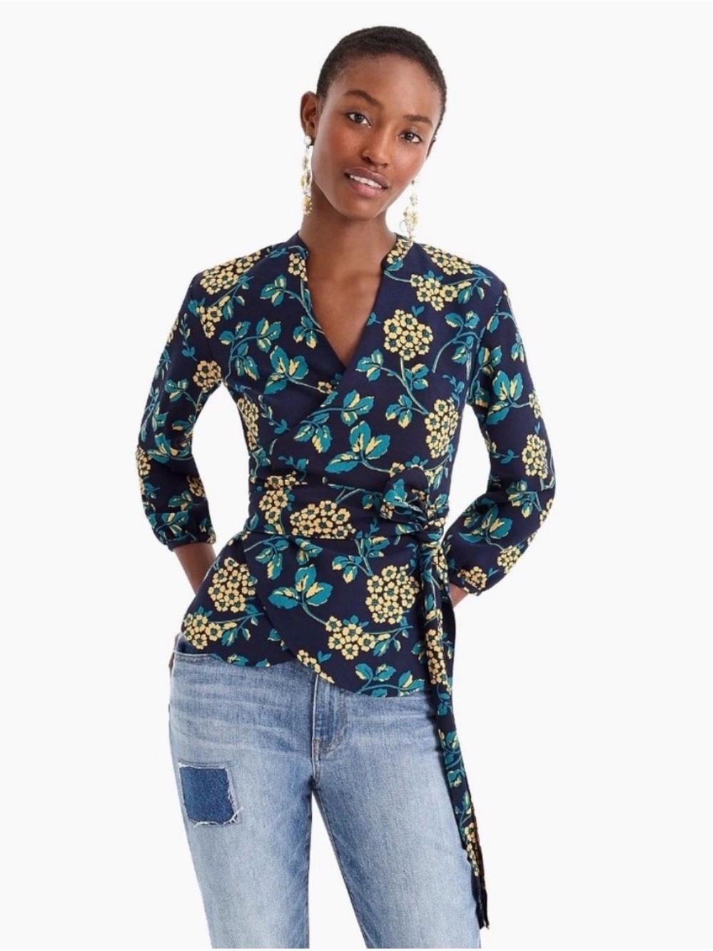 J Crew Drapey Crepe Floral Wrap Top in Navy, size Large